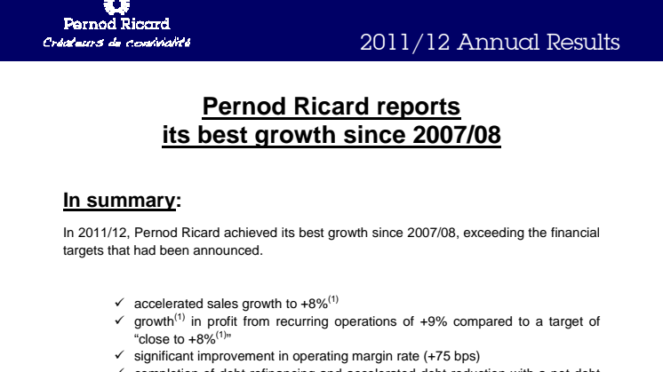 Pernod Ricard reports its best growth since 2007/08 