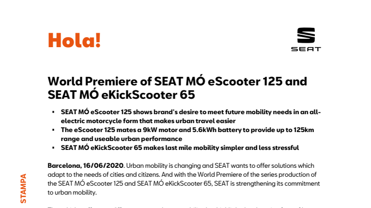 World Premiere of SEAT MÓ eScooter 125 and SEAT MÓ eKickScooter 65