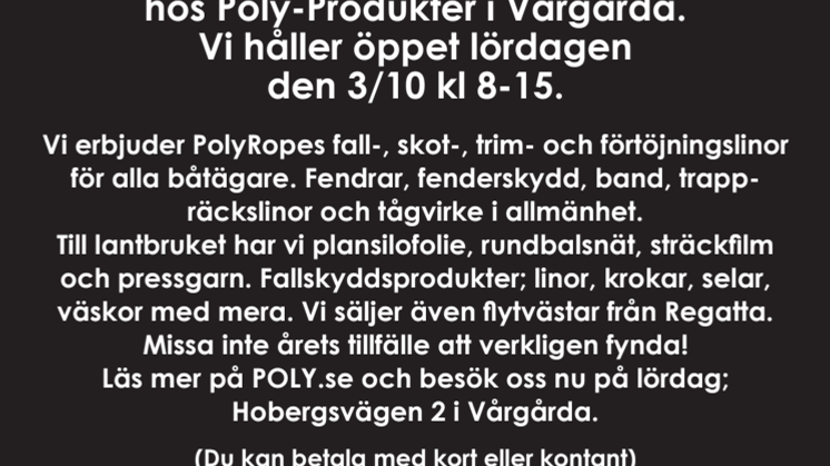 Annons: Lagerrensning hos Poly-Produkter / PolyRopes 3 oktober 2015
