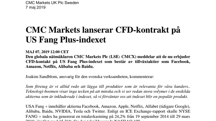 CMC Markets lanserar CFD-kontrakt på US Fang Plus-indexet