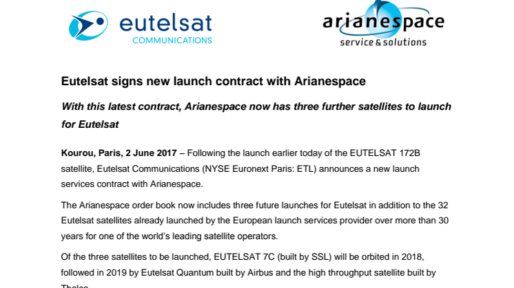 Eutelsat signs new launch contract with Arianespace