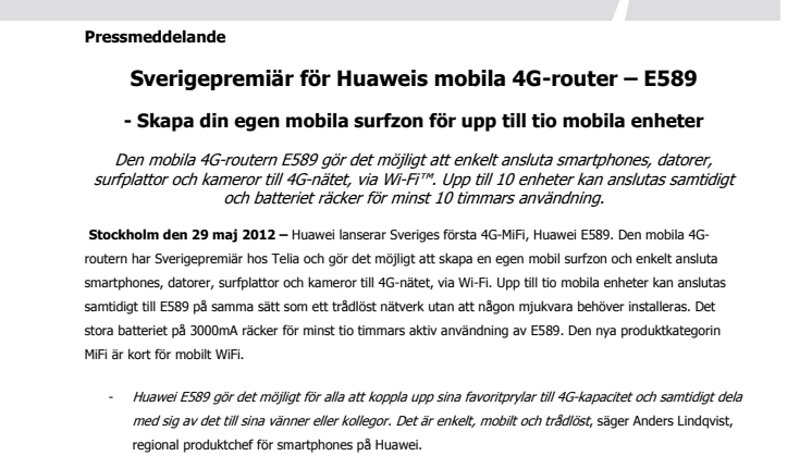 Sverigepremiär för Huaweis mobila 4G-router – E589