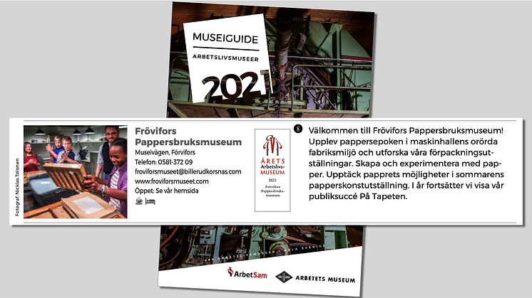 Årets Arbetslivsmuseum (Frövifors Pappersbruksmuseum) har en framträdande roll i arbetslivsmuseernas museigudie 2021