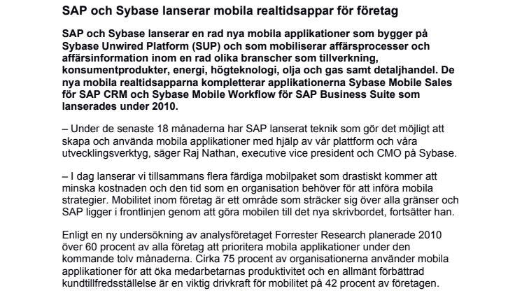 SAP och Sybase lanserar mobila realtidsappar för företag