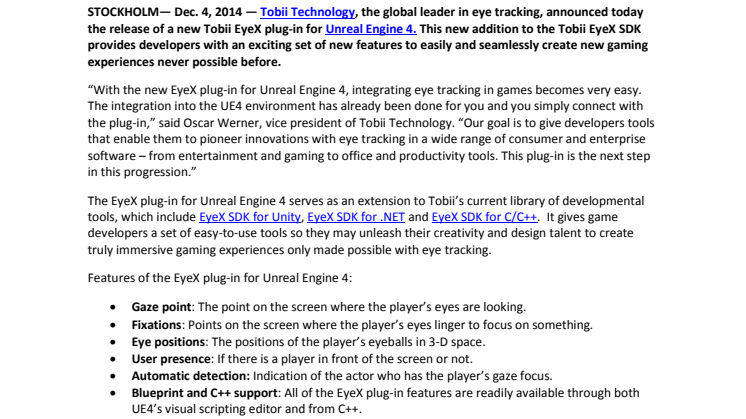 Tobii Releases EyeX Plug-in for Unreal Engine 4 