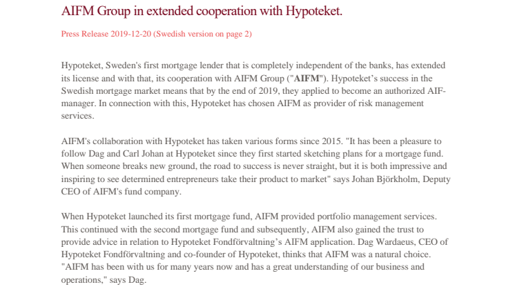 AIFM Group in extended cooperation with Hypoteket.