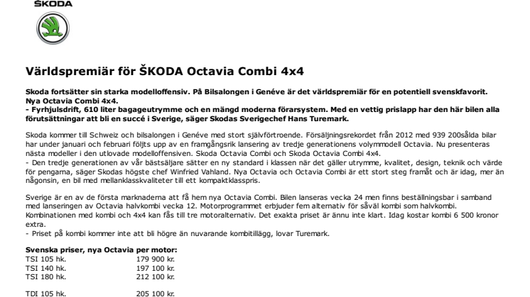 Världspremiär för ŠKODA Octavia Combi 4x4