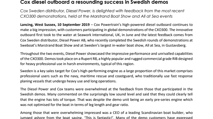Cox Diesel Outboard a Resounding Success in Swedish Demos