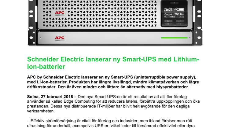 Schneider Electric lanserar ny Smart-UPS med Lithium-Ion-batterier