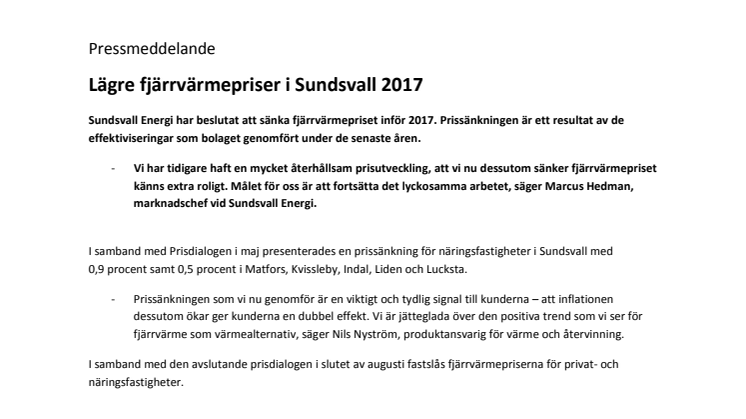 Lägre fjärrvärmepriser i Sundsvall 2017