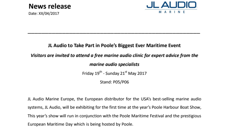 JL Audio Marine Europe: JL Audio to Take Part in Poole’s Biggest Ever Maritime Event 