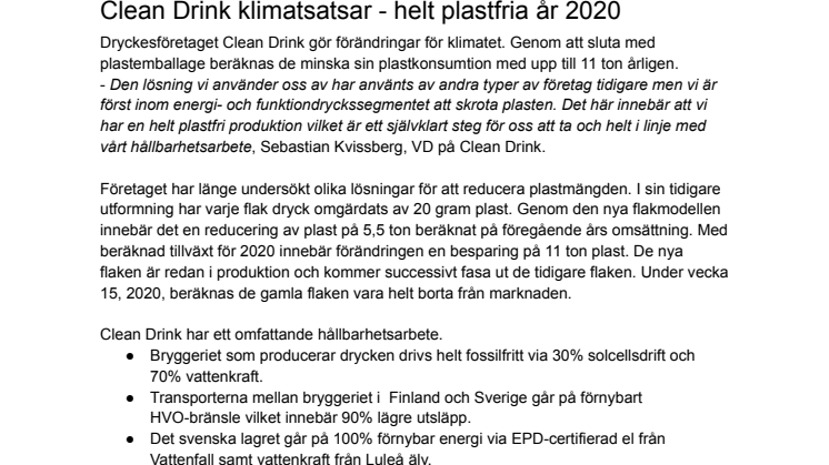 Clean Drink klimatsatsar – helt plastfria år 2020