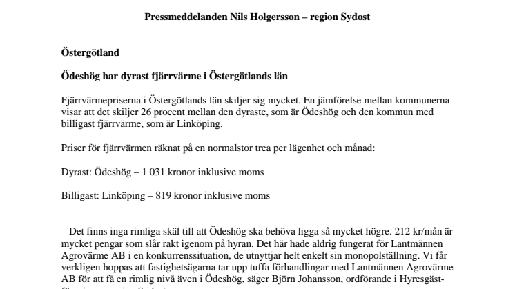 Ödeshög har dyrast fjärrvärme i Östergötlands län
