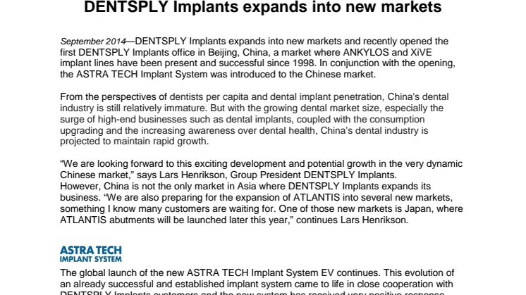 DENTSPLY Implants expands into new markets