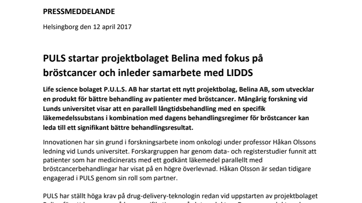 PULS startar projektbolaget Belina med fokus på bröstcancer och inleder samarbete med LIDDS 