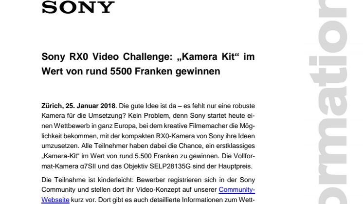 Sony RX0 Video Challenge: „Kamera Kit“ im Wert von rund 5500 Franken gewinnen