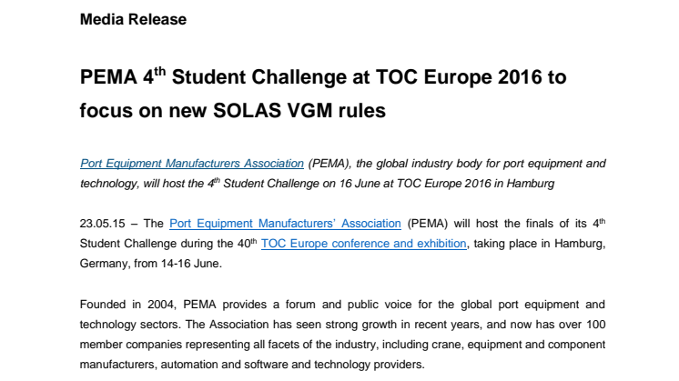 PEMA 4th Student Challenge at TOC Europe 2016 to focus on new SOLAS VGM rules