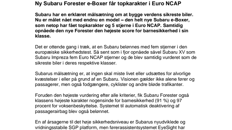 Ny Subaru Forester e-Boxer får topkarakter i Euro NCAP