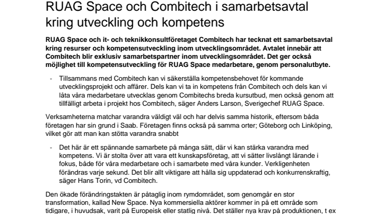 RUAG Space och Combitech i samarbetsavtal kring utveckling och kompetens