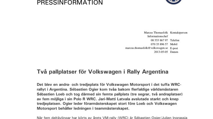 Två pallplatser för Volkswagen i Rally Argentina 