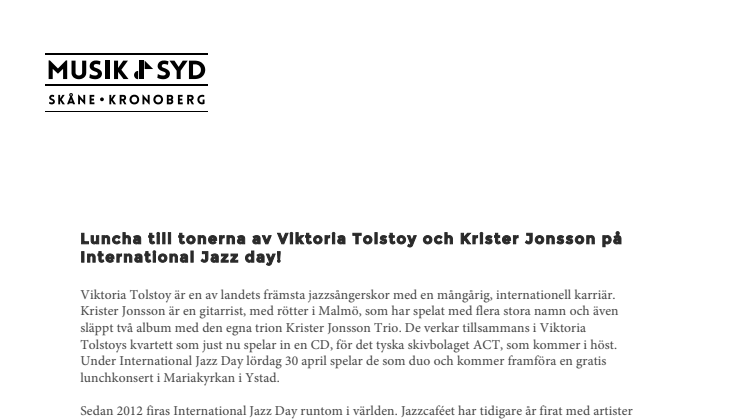 ​Luncha till tonerna av Viktoria Tolstoy och Krister Jonsson på på International Jazz day!