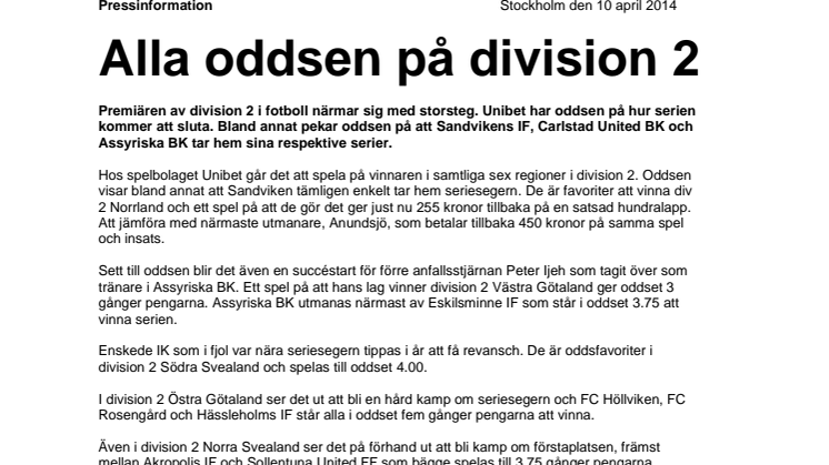 Alla oddsen på division 2