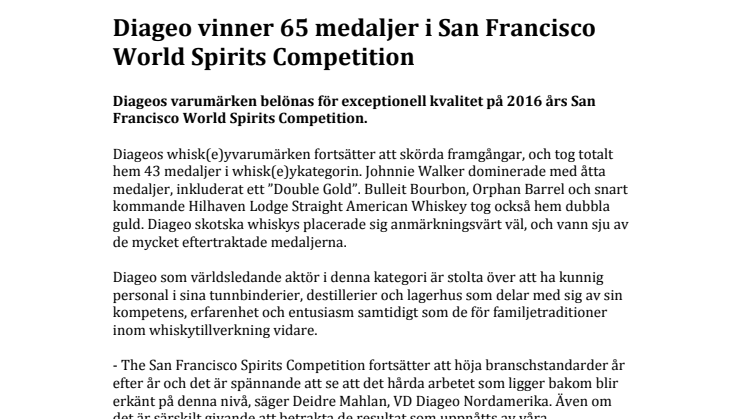 Diageo vinner 65 medaljer i San Francisco World Spirits Competition 