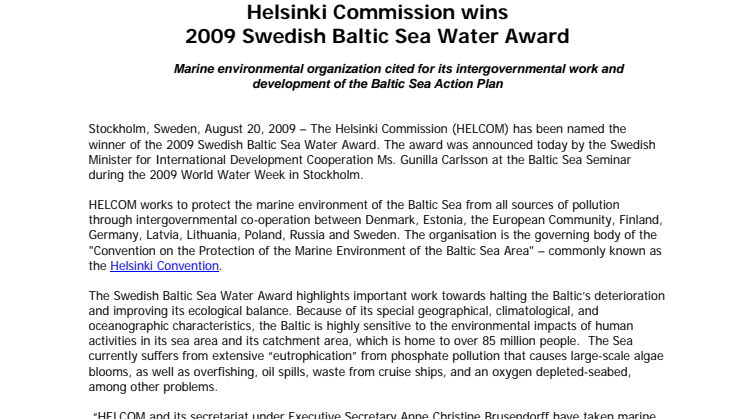 Helsinki Commission wins 2009 Swedish Baltic Sea Water Award