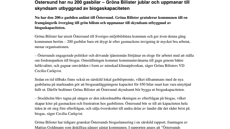 Östersund har nu 200 gasbilar – Gröna Bilister jublar och uppmanar till skyndsam utbyggnad av biogaskapaciteten