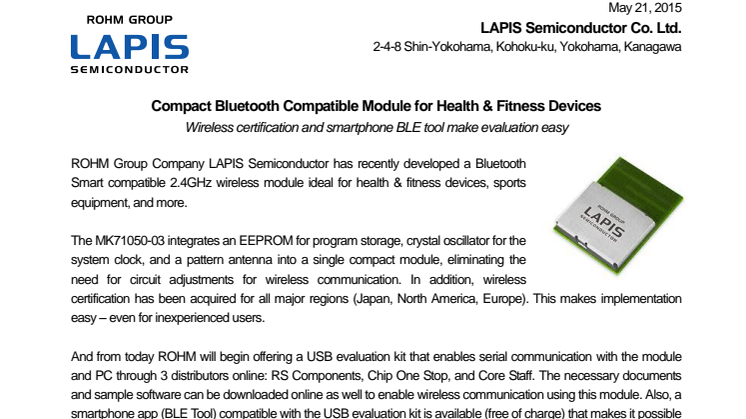 Compact Bluetooth Compatible Module for Health & Fitness Devices  -- Wireless certification and smartphone BLE tool make evaluation easy