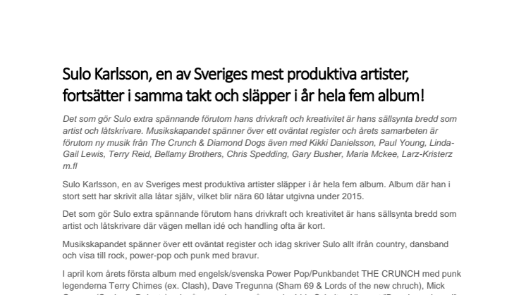 Sulo Karlsson, en av Sveriges mest produktiva artister släpper i år hela fem album