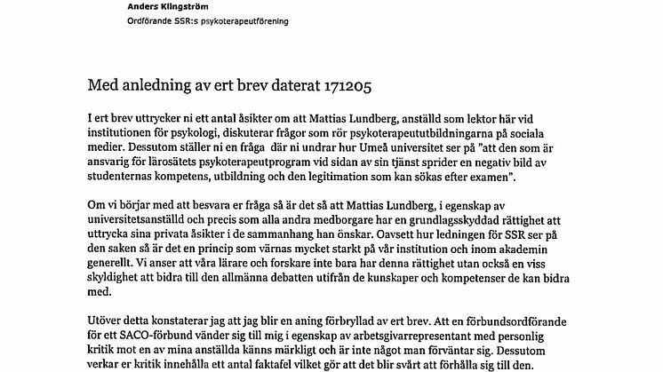Umeå universitet svarar Akademikerförbundet SSR angående vad jag skriver på min privata blogg.