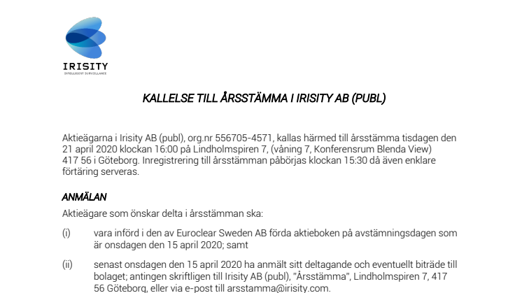 KALLELSE TILL ÅRSSTÄMMA I IRISITY AB (PUBL)