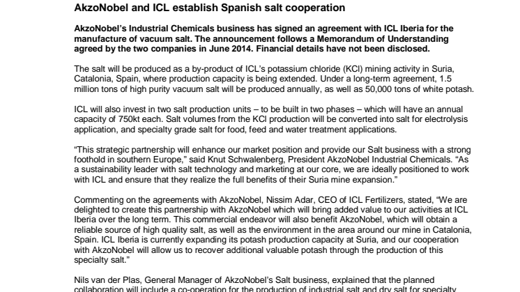 AkzoNobel and ICL establish Spanish salt cooperation