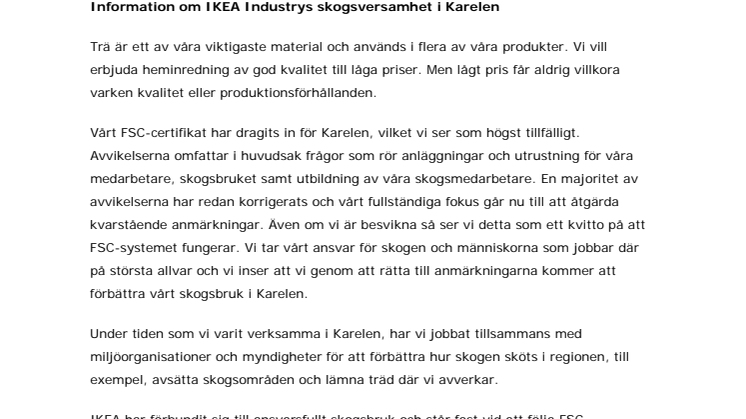 Information om IKEA Industrys skogsversamhet i Karelen