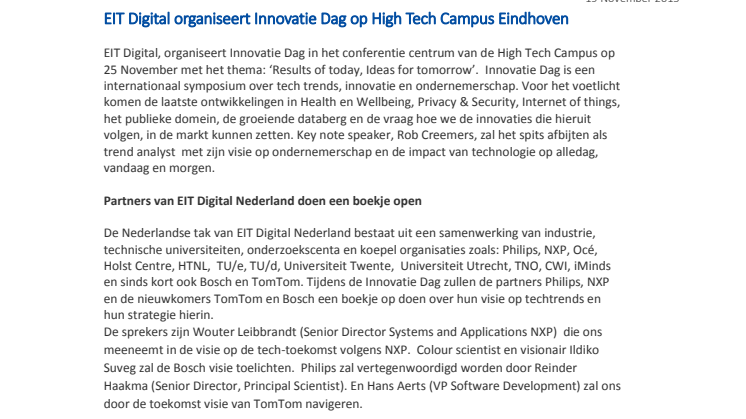 EIT Digital organiseert Innovatie Dag op High Tech Campus Eindhoven