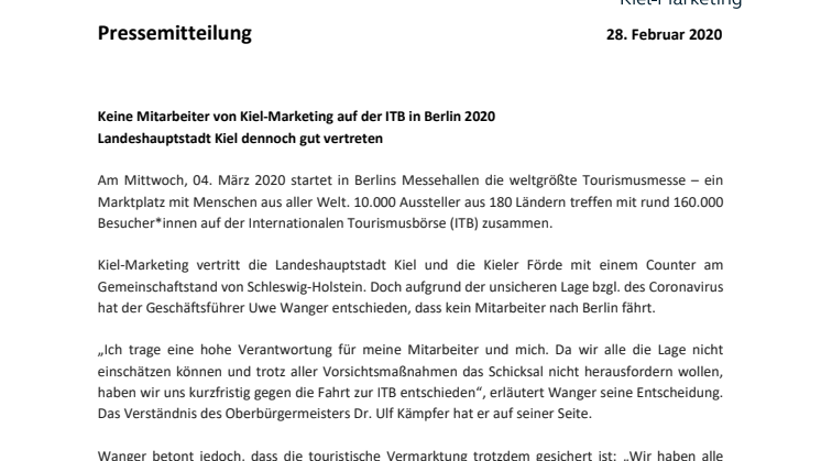 Mitarbeiterschutz: Kiel-Marketing verzichtet auf den persönlichen Auftritt bei der ITB 