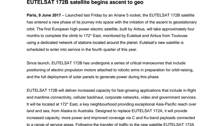 EUTELSAT 172B satellite begins ascent to geo