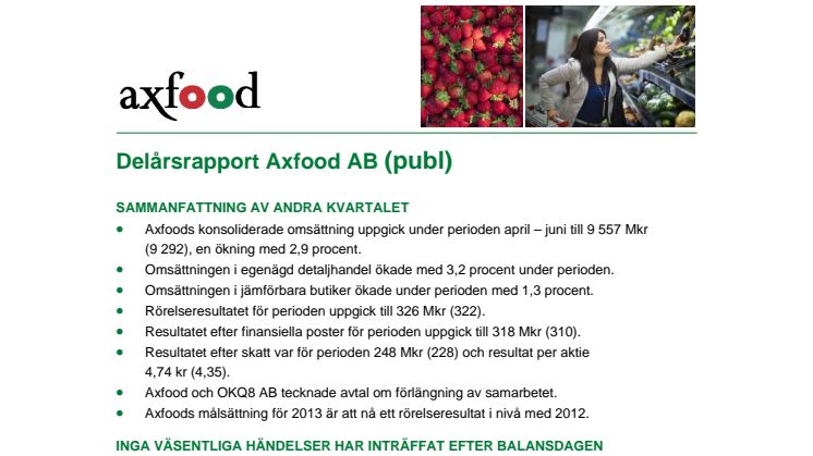 Delårsrapport Axfood AB 1 jan-30 jun 2013