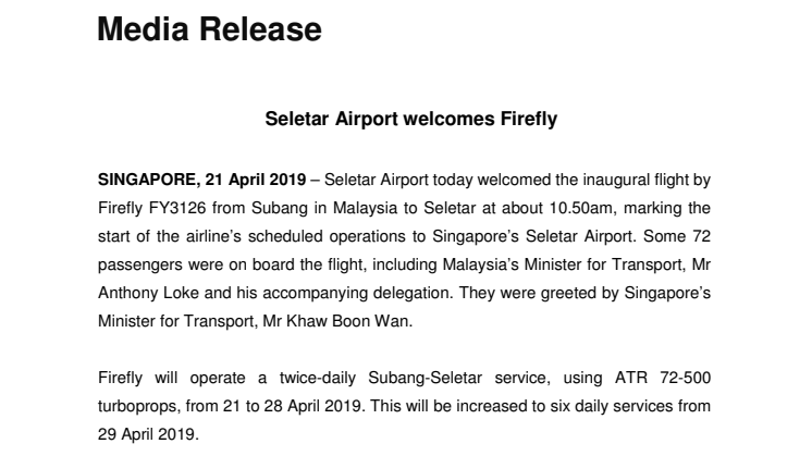 Seletar Airport welcomes Firefly