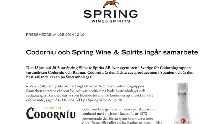 Codorníu och Spring Wine & Spirits ingår samarbete