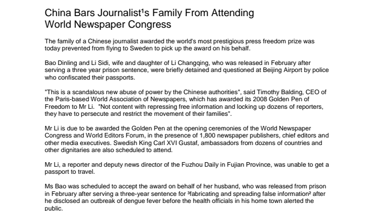Kina stoppar journalist från att ta emot pressfrihetspris i Göteborg