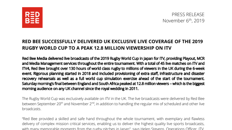 Red Bee Successfully Delivered UK Exclusive Live Coverage of the 2019 Rugby World Cup to a Peak 12.8 Million Viewership on ITV