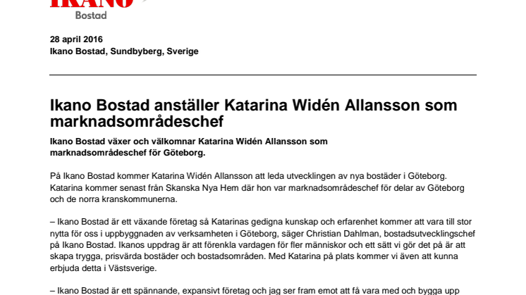 Ikano Bostad anställer Katarina Widén Allansson som marknadsområdeschef