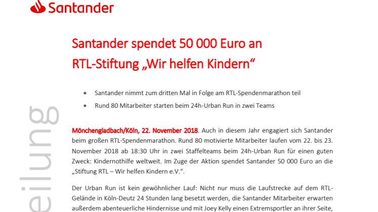 Santander spendet 50 000 Euro an RTL-Stiftung „Wir helfen Kindern“