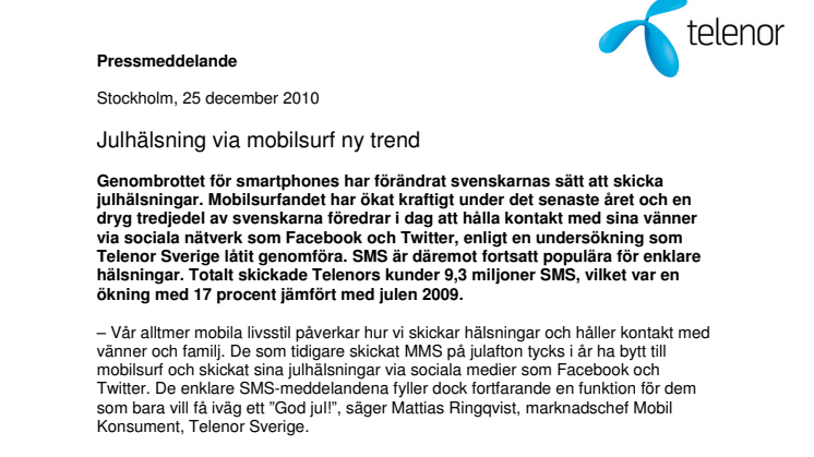 Julhälsning via mobilsurf ny trend och rekord i SMS - 9,3 miljoner skickades i Telenors nät