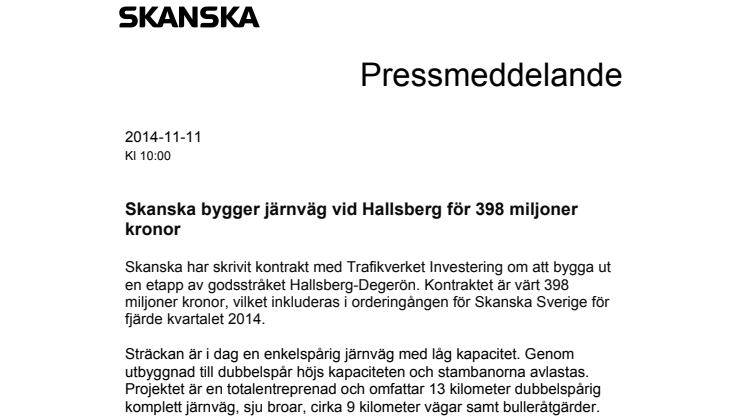 Skanska bygger järnväg vid Hallsberg för 398 miljoner kronor