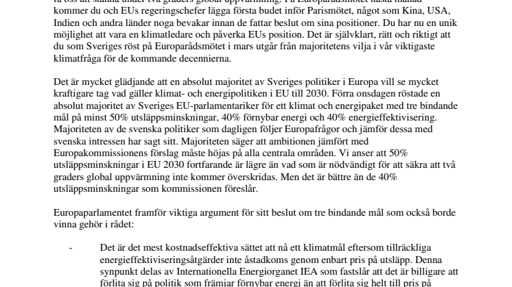 Öppet brev till statsminister Fredrik Reinfeldt om Sveriges position inför Parismötet