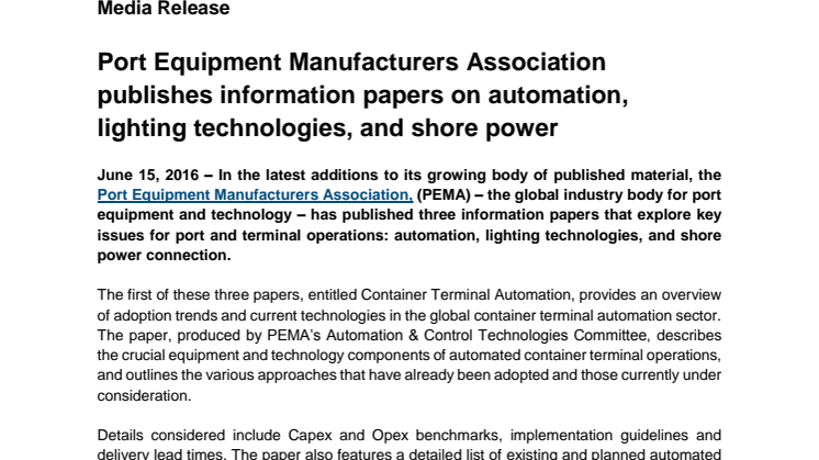 PEMA publishes information papers on automation, lighting technologies, and shore power