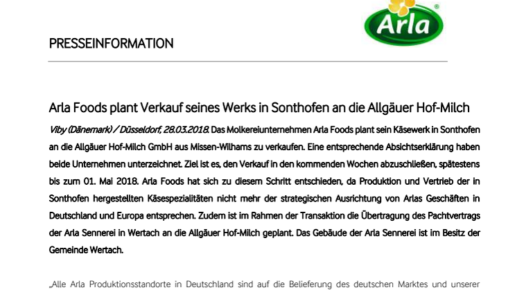 Arla Foods plant Verkauf seines Werks in Sonthofen an die Allgäuer Hof-Milch